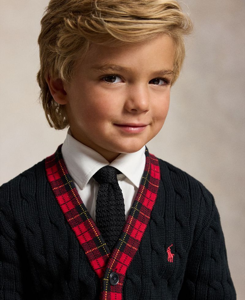 Boys' 2T-7 Cable-Knit Plaid-Trim Cardigan