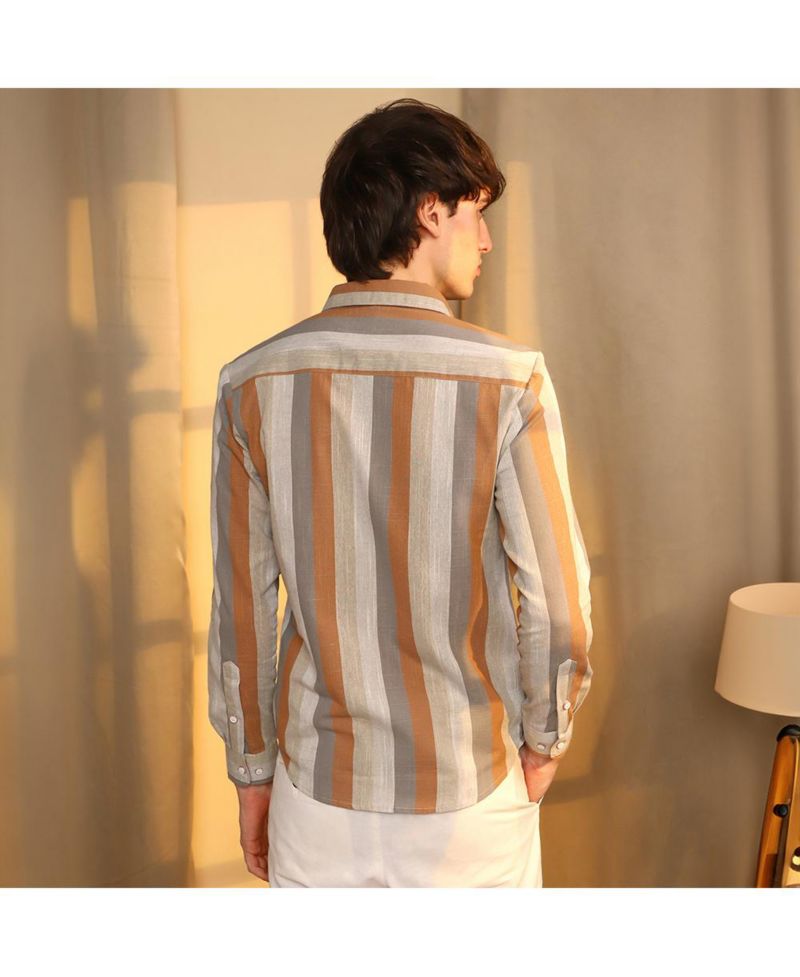 Men's Copper Brown & Peanut Brown Block-Striped Shirt
