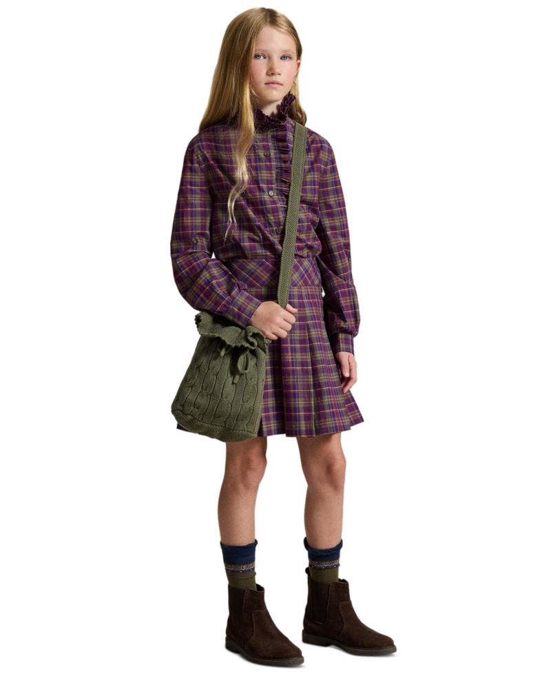 Girls' 7-16 Plaid Ruffled Cotton Poplin Top