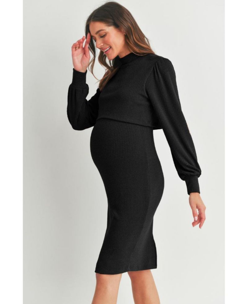 Women's Double Layer Mock Neck Ribbed Nursing Dress