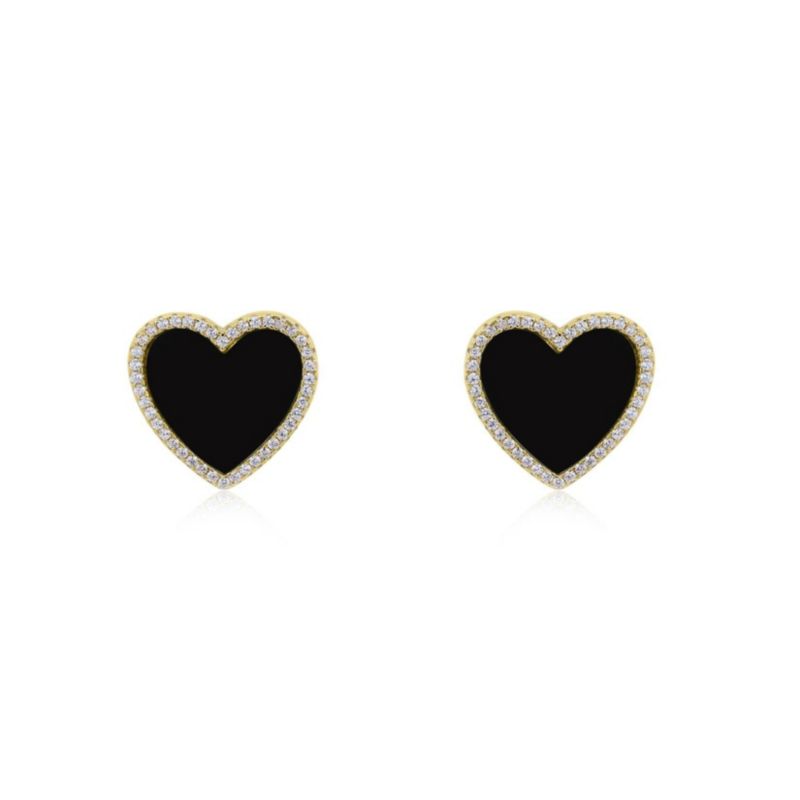 Large Onyx CZ Halo Heart Stud Earrings 14K Gold-Plated Sterling Silver