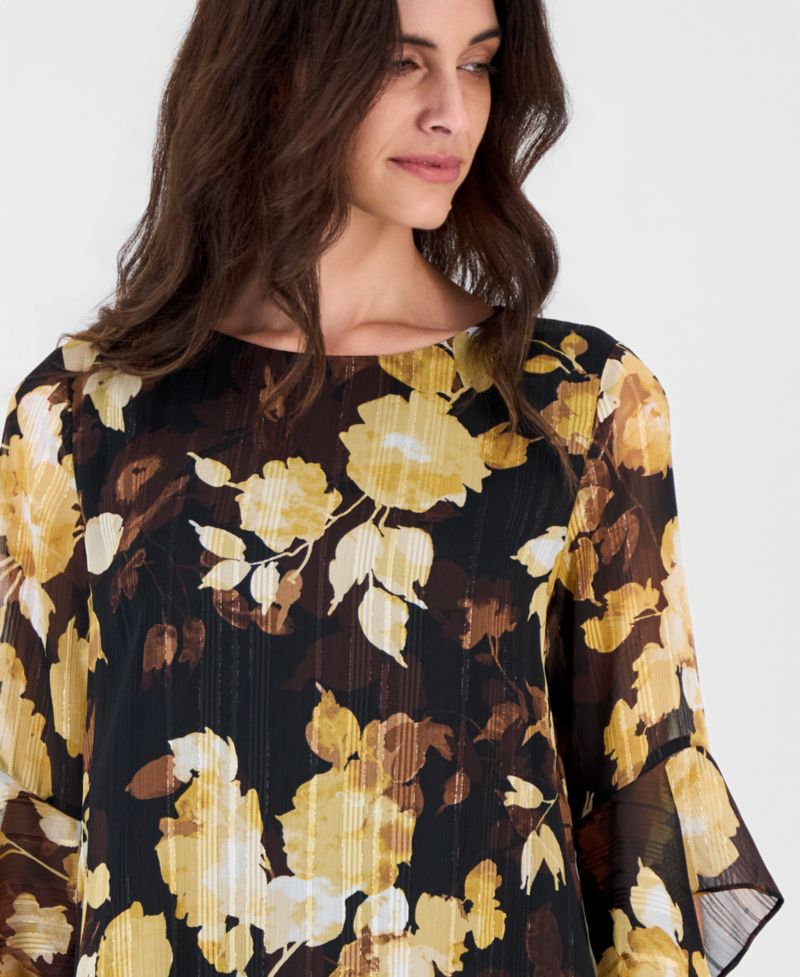 Women's Floral-Print 3/4-Length Ruffled Sleeve Chiffon Blouse