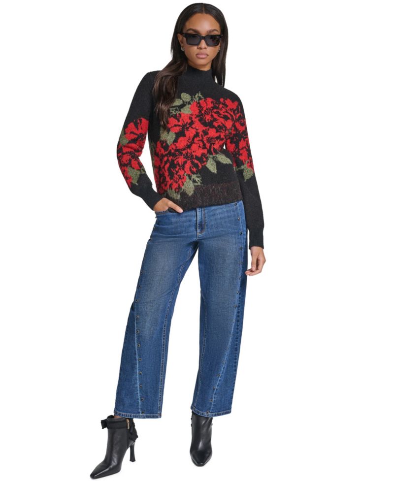Women's Rose Floral-Print Mock Neck Pullover Sweater