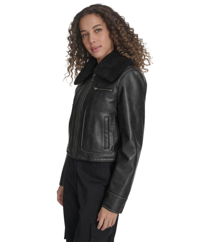 Women's Regular Faux Leather Aviator Jacket