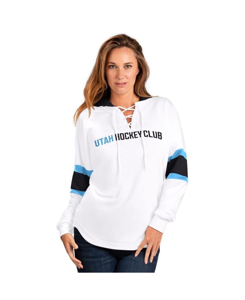 Women's White Utah Hockey Club Goal Zone Long Sleeve Lace-Up Hoodie T-Shirt