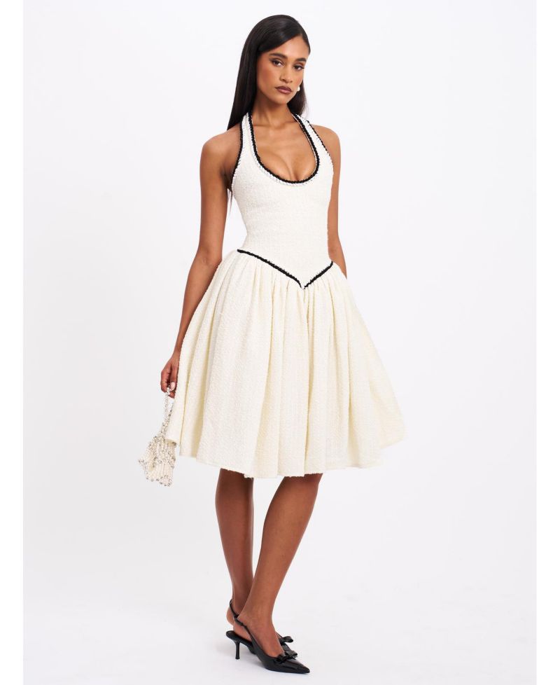Women's Natalie U Neck Halter Drop Waist Tweed Midi Dress