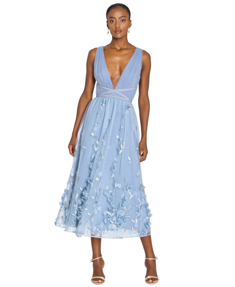 Women's V-Neck 3D Floral Midi Dress