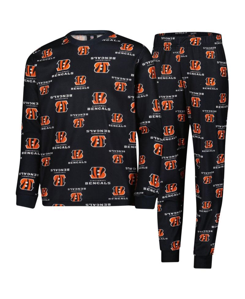 Big Boys and Girls 2-Piece Black Cincinnati Bengals All-Over-Print Long Sleeve T-Shirt and Pants Sleep Set