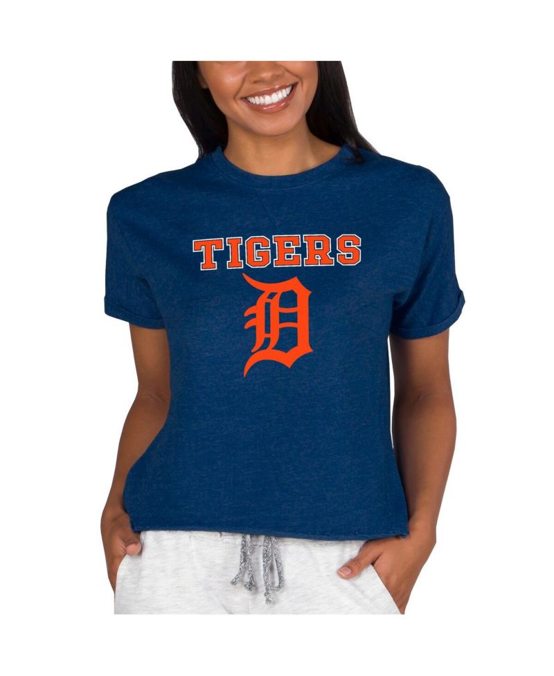Women's Navy Detroit Tigers Tri-Blend Mainstream Terry Short Sleeve Sweatshirt Top