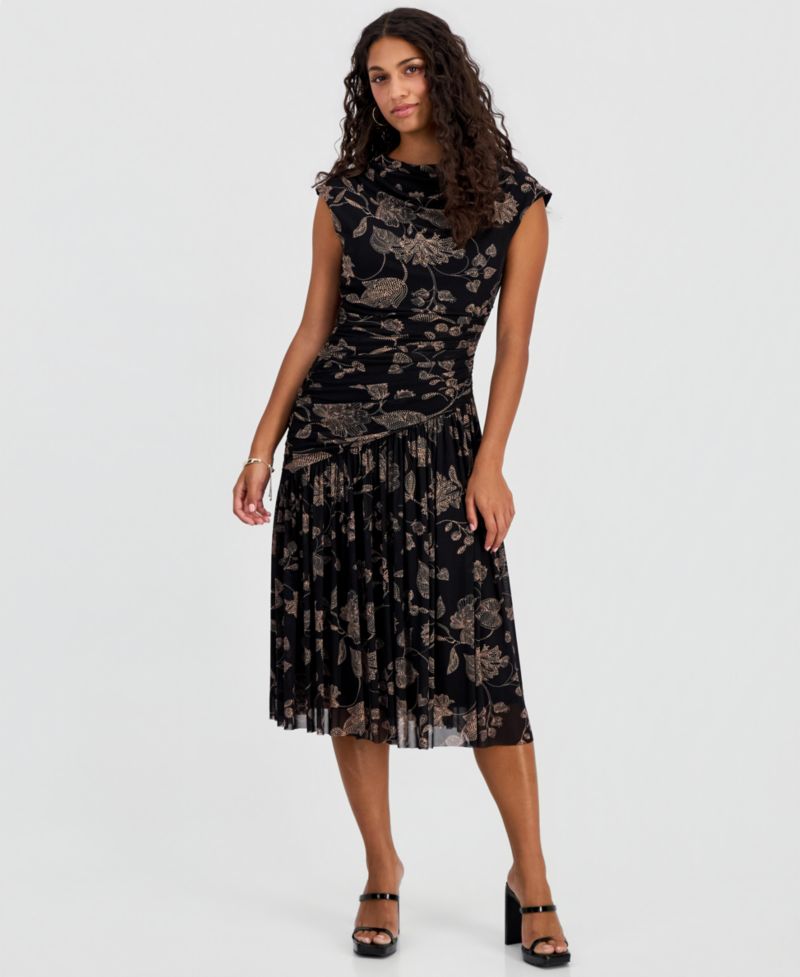 Petite Printed Side-Ruched Midi Dress