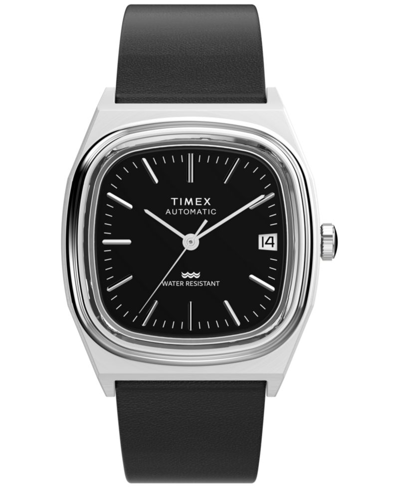 Men's Mechanical Automatic Black Leather Watch, 34mm