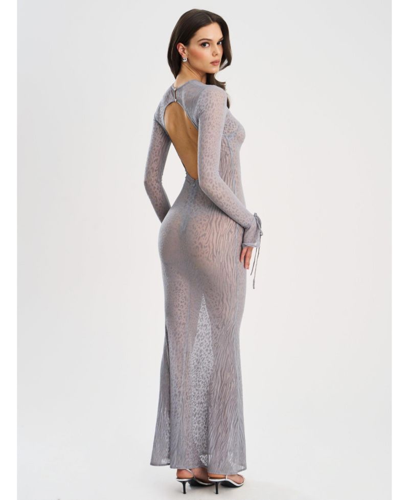 Women Waylynn Gray Animal Print Burnout Velvet Detail Mesh Backless Maxi Dress