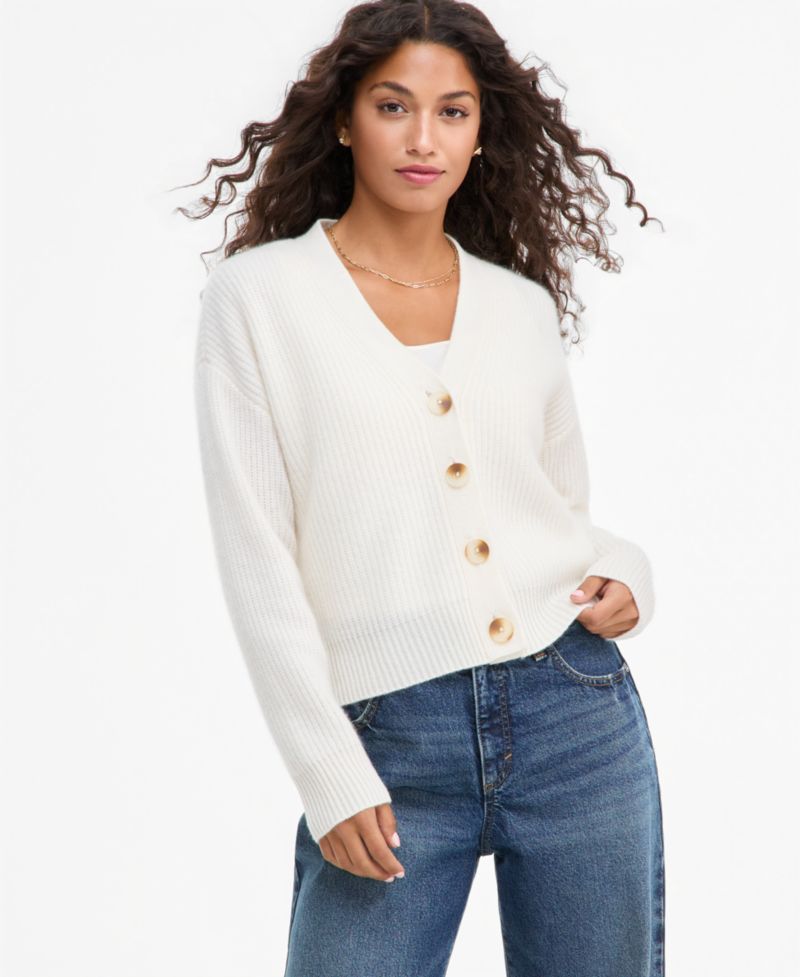 Petite 100% Cashmere Shaker Stitch V-Neck Cardigan Sweater