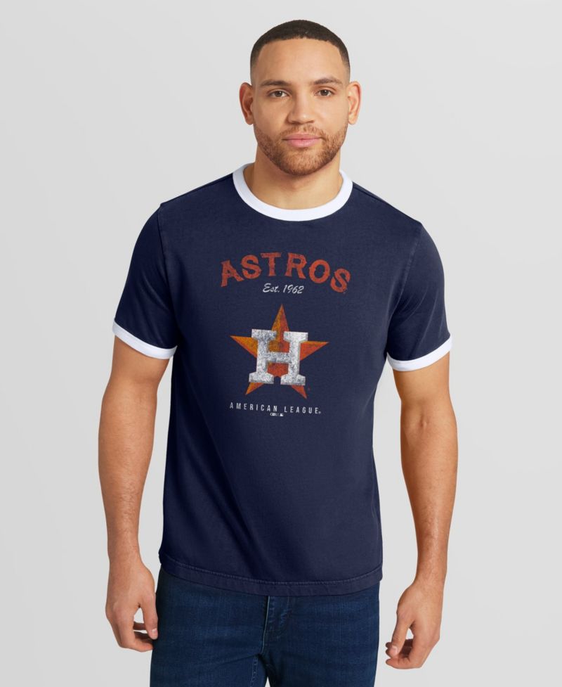Fanatics Men's Houston Astros Washed Ringer Distressed Screen-Print Graphics Classic-Fit T-Shirt