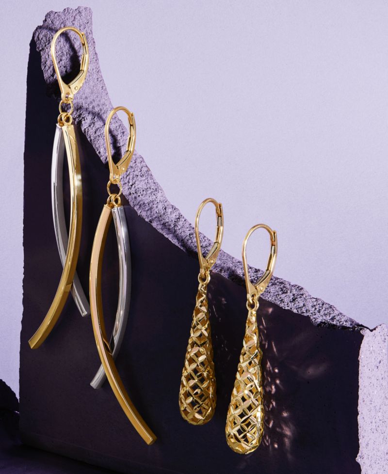 Lattice Work Elongated Teardrop Leverback Drop Earrings in 10k Gold