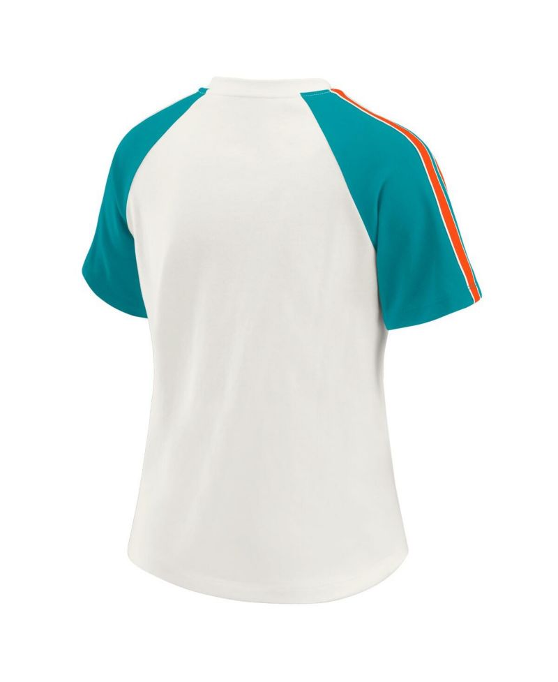 Women's White Miami Dolphins Sleeve Stripe Distressed Raglan T-Shirt