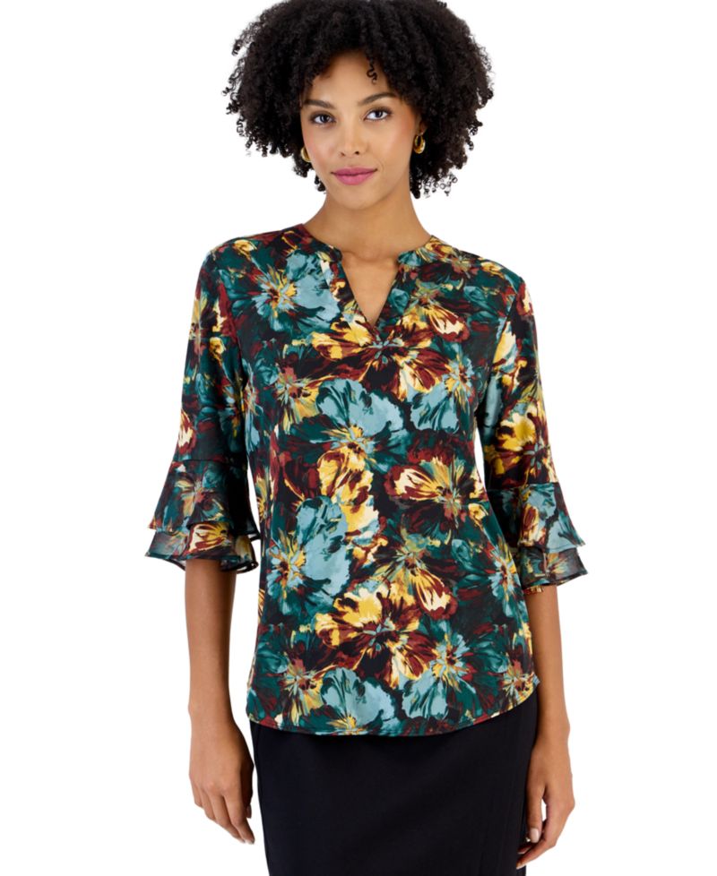 Petite Split Neck Floral-Print 3/4-Length Flutter-Sleeve Tunic