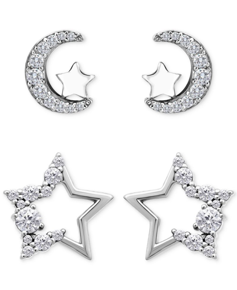 Cubic Zirconia Half Moon & Star 2-Pc. Set Stud Earrings (1-3/8 ct. t.w.) in 18k Gold over Sterling Silver