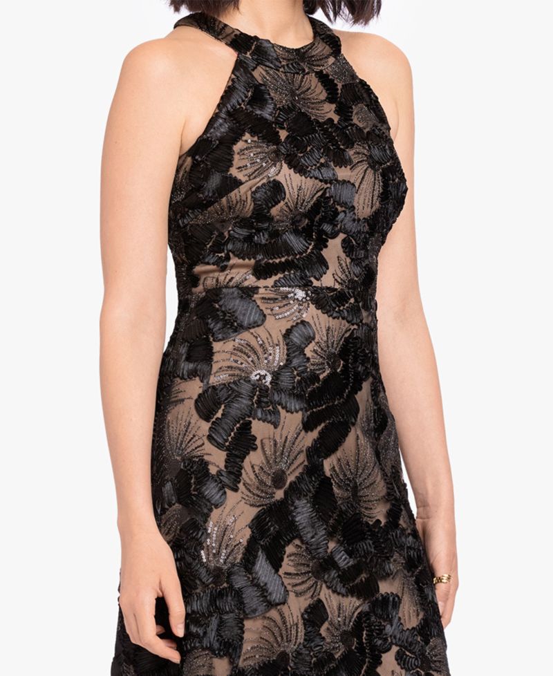 Petite Sequined Soutache Halter Gown