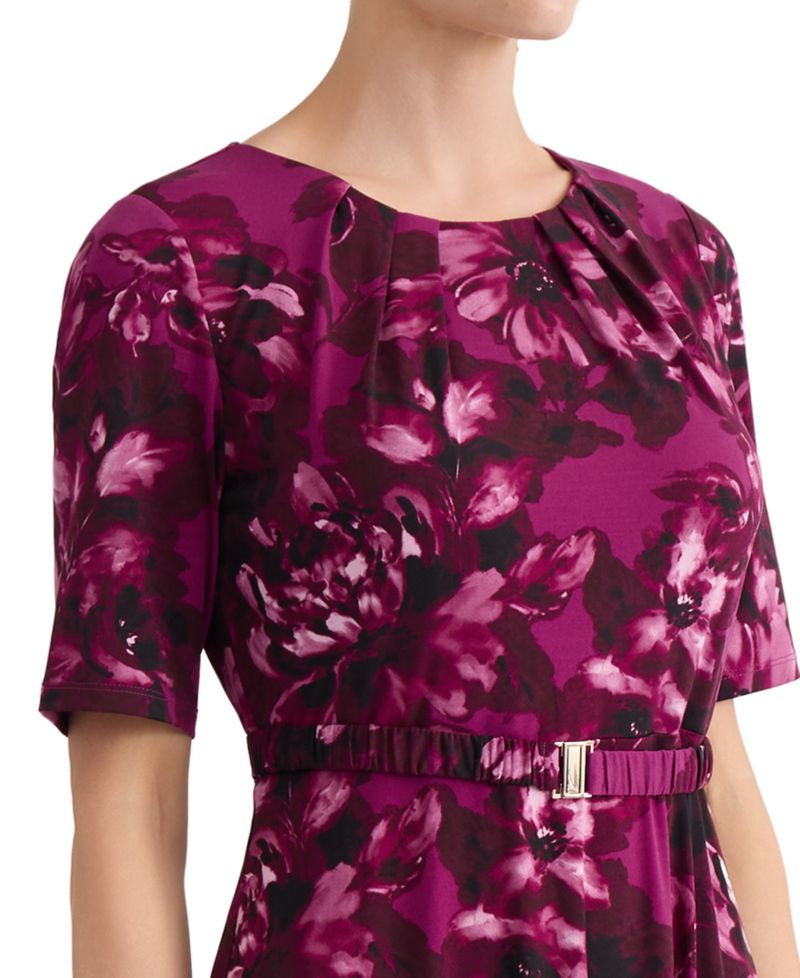 Women's Pleat-Neck Belted Short-Sleeve Dress