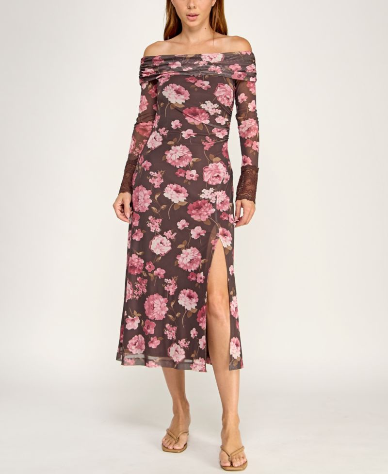 Juniors' Off-The-Shoulder Long-Sleeve Floral Printed Mesh Midi Dress