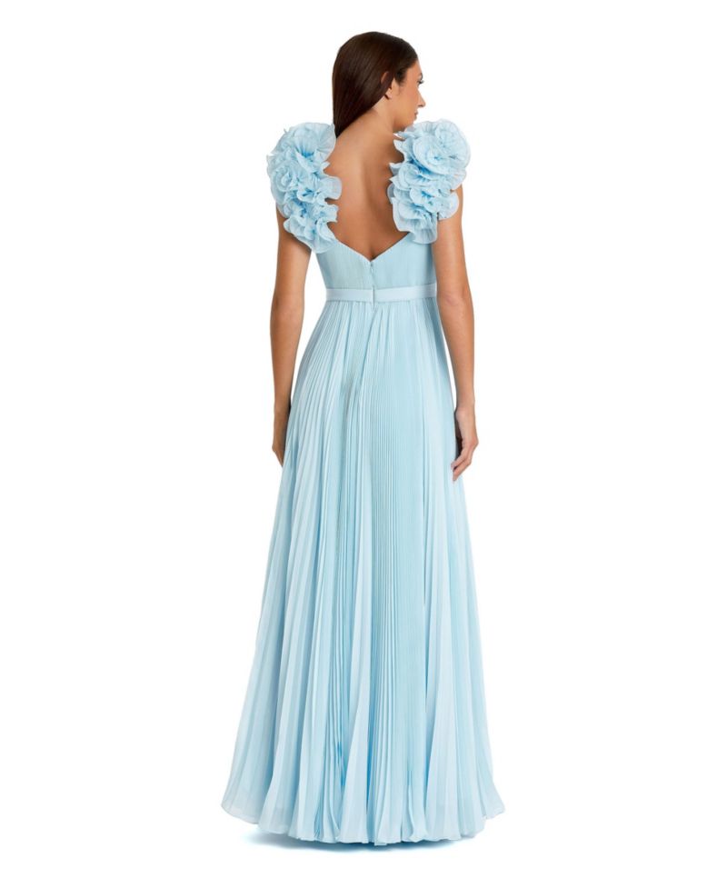 Women's Pleated Organza Gown With Ruffle Straps