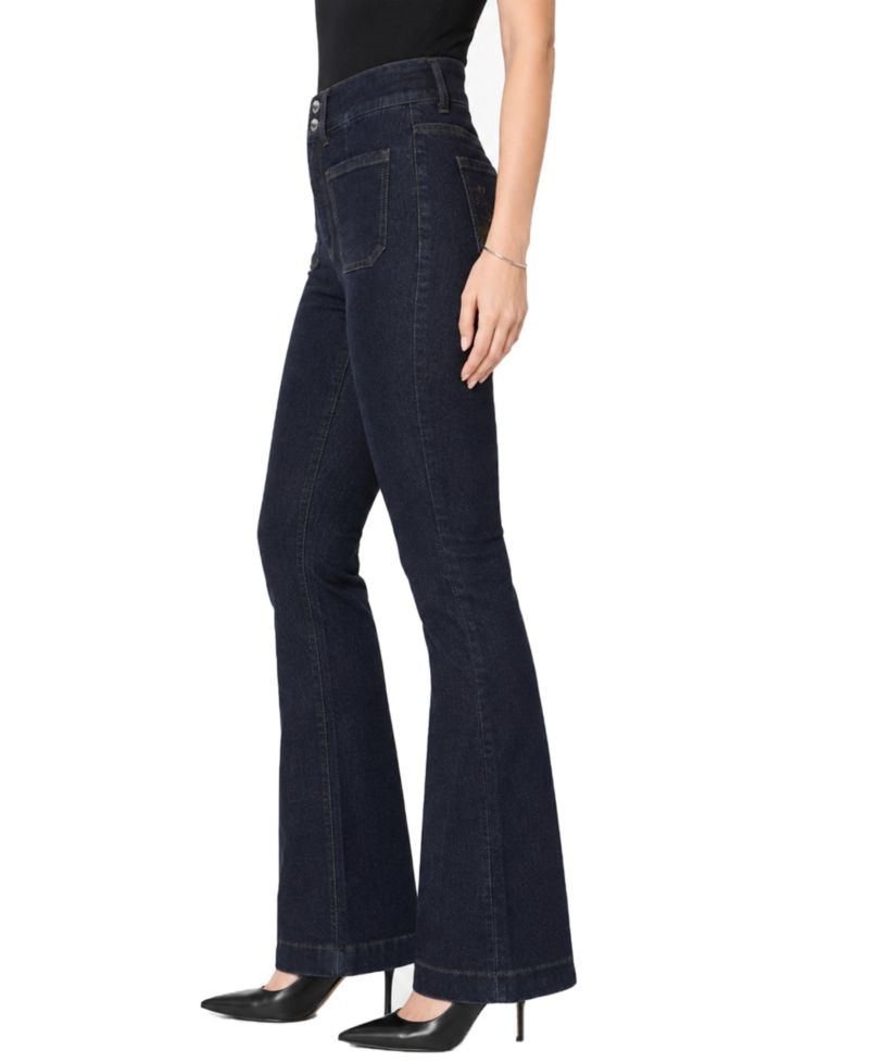 Women's Dark Rinse Tummy Control Bootcut Jean with Back Patch Pocket Embroidery Detail