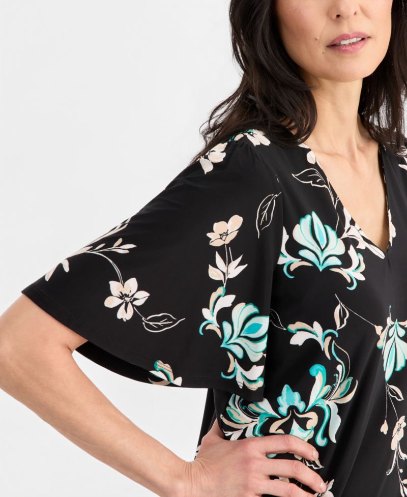 Women's Printed V-neck Flutter-Sleeve Top