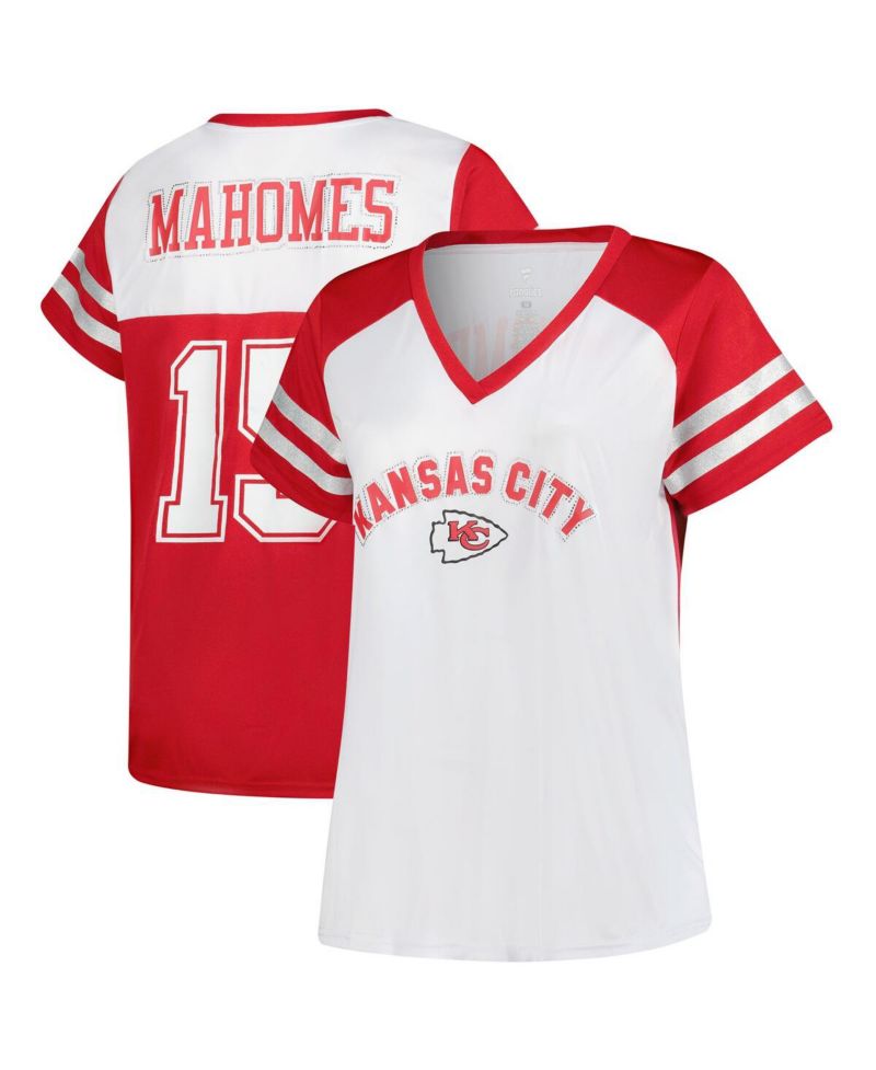 Women's Patrick Mahomes White Kansas City Chiefs Plus Size Bling V-Neck T-Shirt