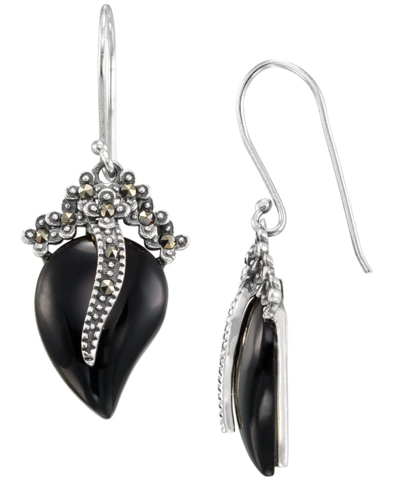 Marcasite (0.16 ct. t.w.) and Onyx (4 ct. t.w.) Dangle Earrings in Sterling Silver