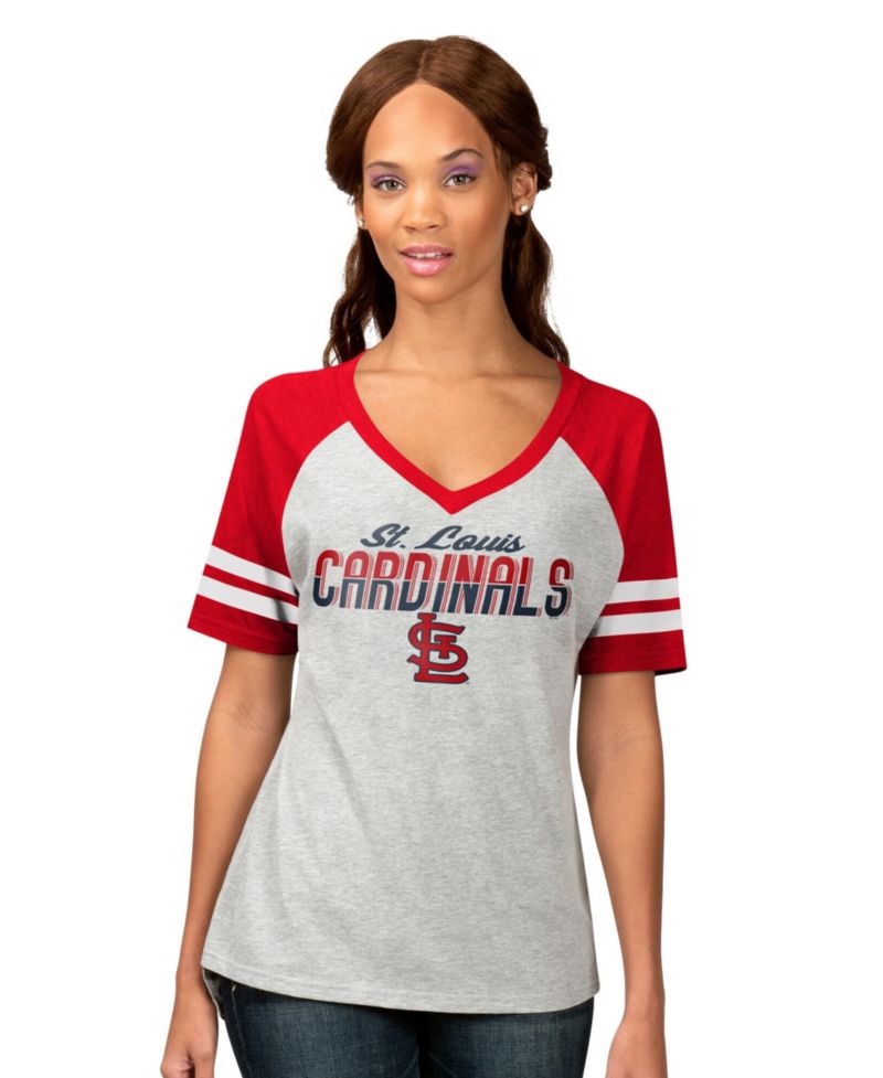 Women's Heather Gray St. Louis Cardinals Goal Line Raglan V-Neck T-Shirt