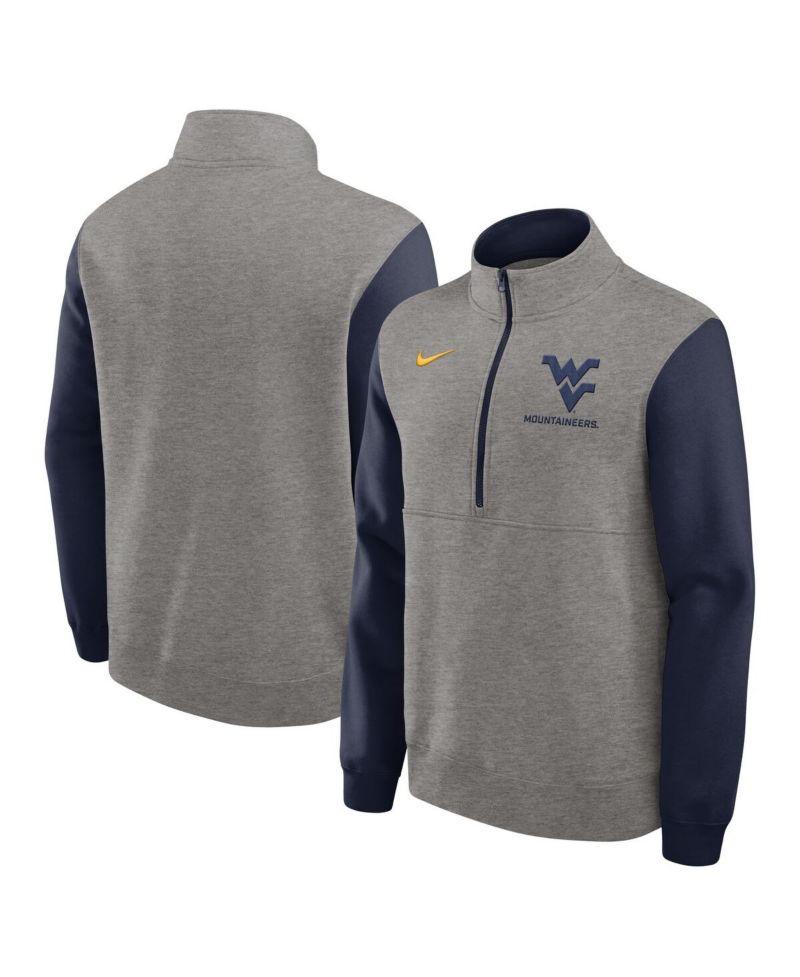 Men's Heather Gray/Navy West Virginia Mountaineers Club Fleece Tri-Blend Half-Zip Pullover Sweatshirt