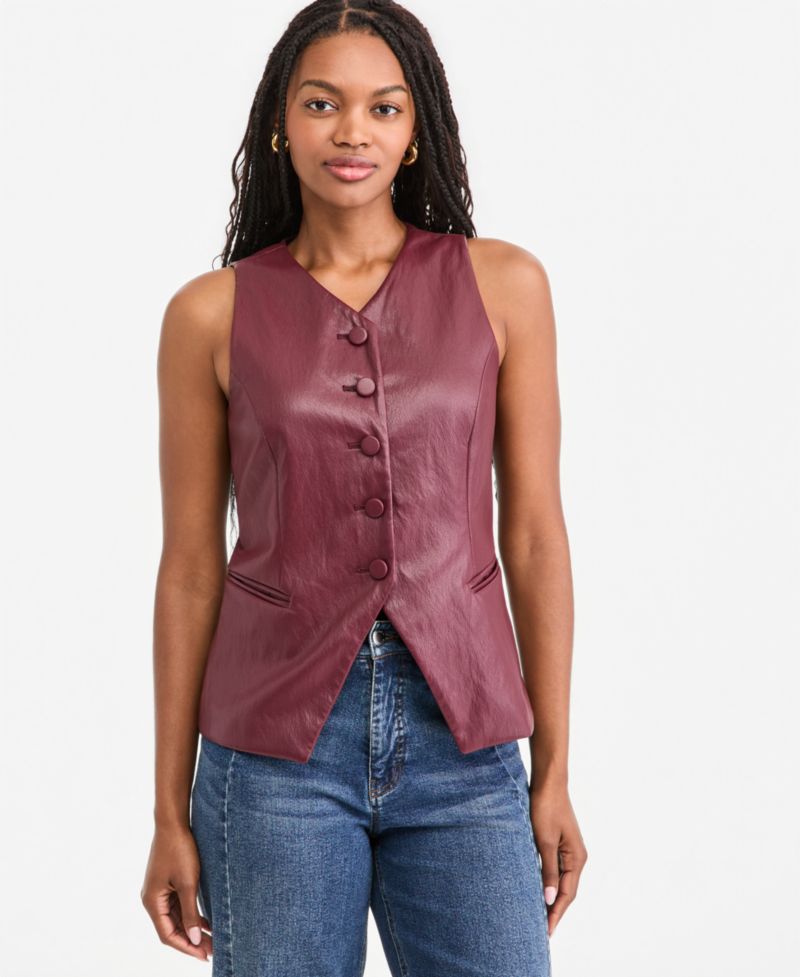Women's Woven Faux Leather V-Neck Vest