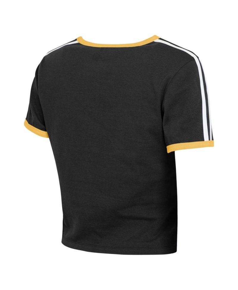 Women's Black Pittsburgh Steelers Cropped Throwback Ringer Baby T-Shirt