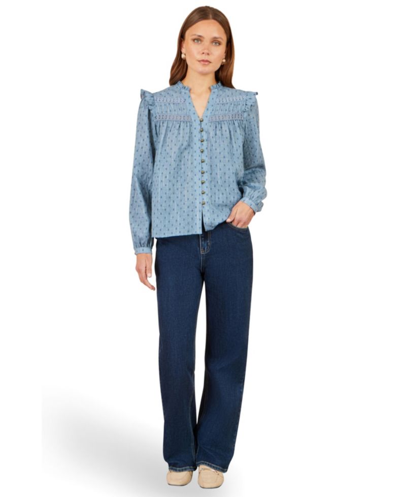 Women's Long-Sleeve Mandarin Collar Lace Detail Blouse