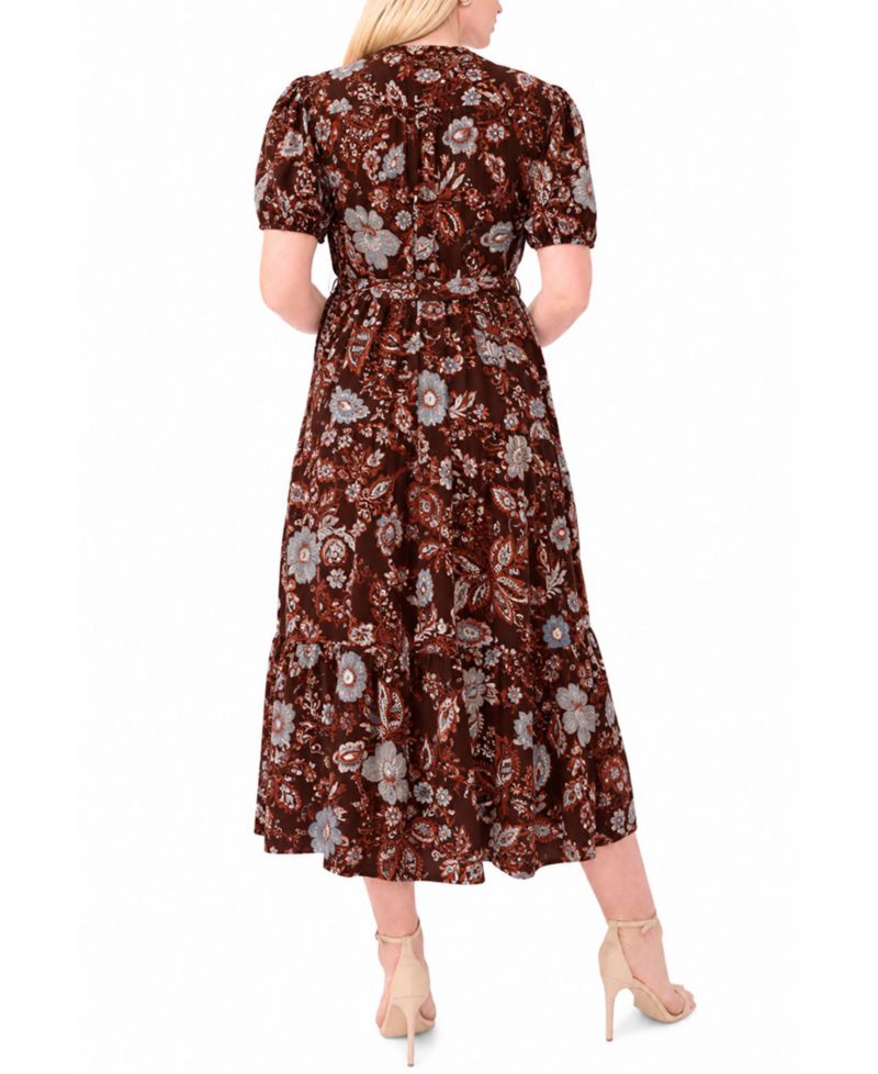 Plus Size Puff-Sleeve Belted Midi Dress