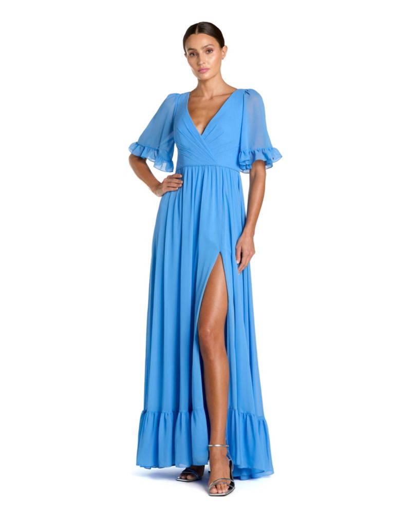 Women's V Neck Flutter Sleeve Chiffon Faux Wrap Gown