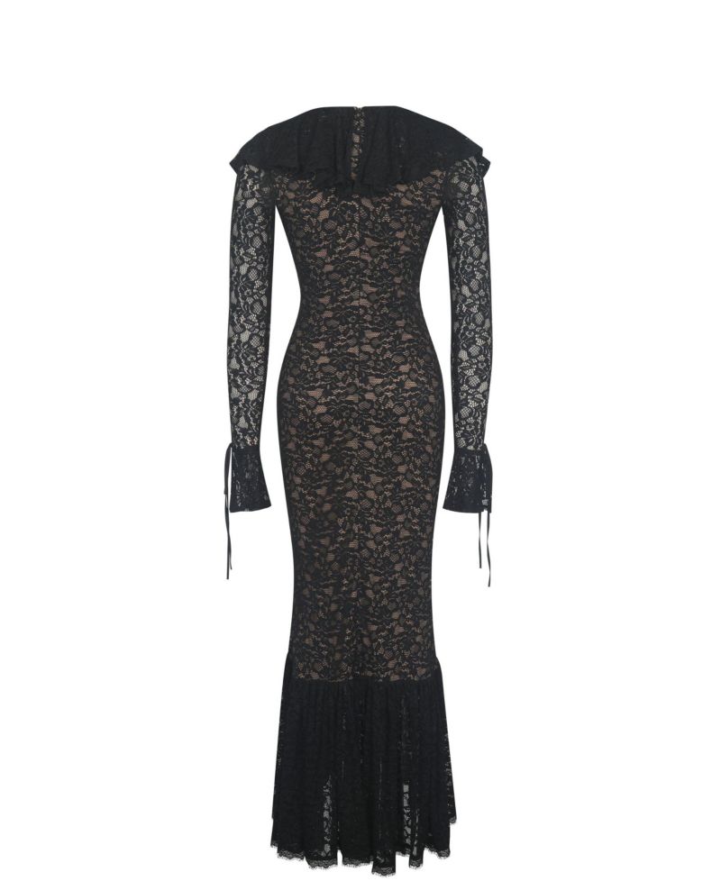 Women's Parisa Black Lace Ruffled Mermaid Maxi Dress