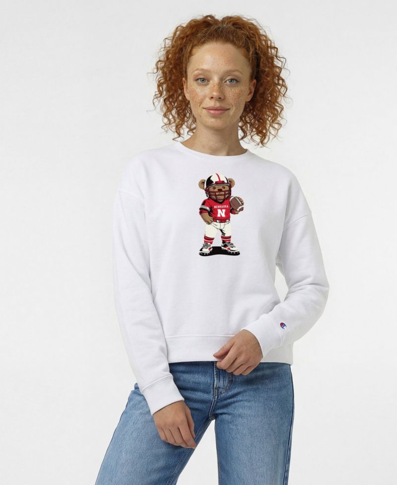 Women's White Nebraska Huskers Teddy Bear Sweatshirt