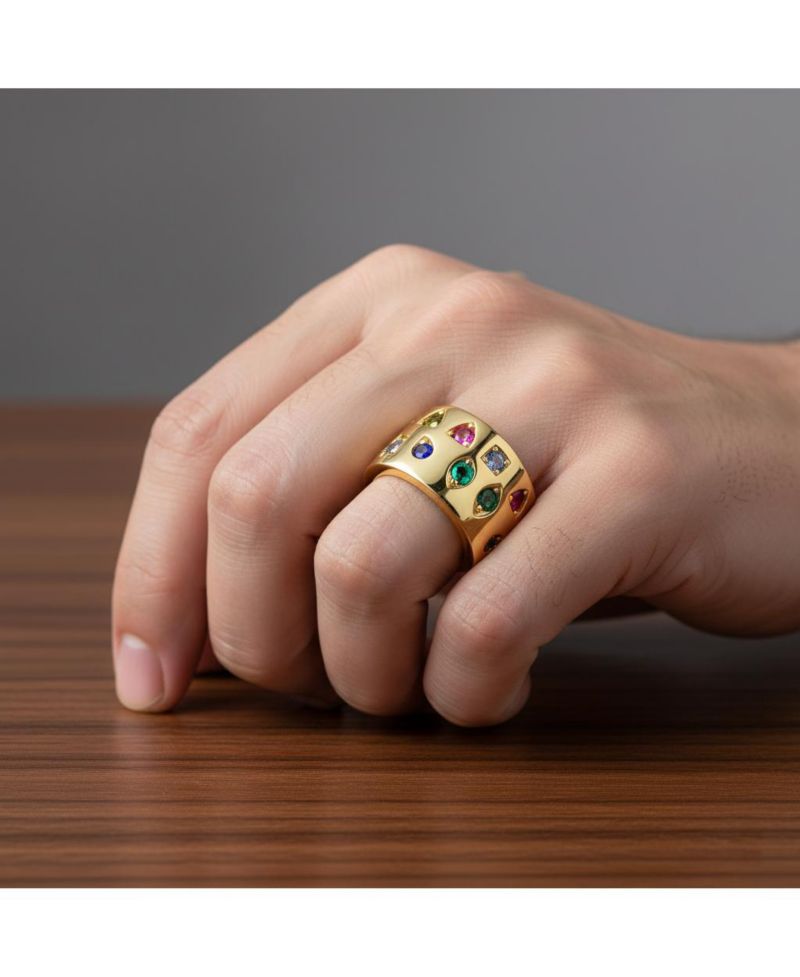 14K Gold Plated Vibrant Multi Color CZ Wide Band Ring
