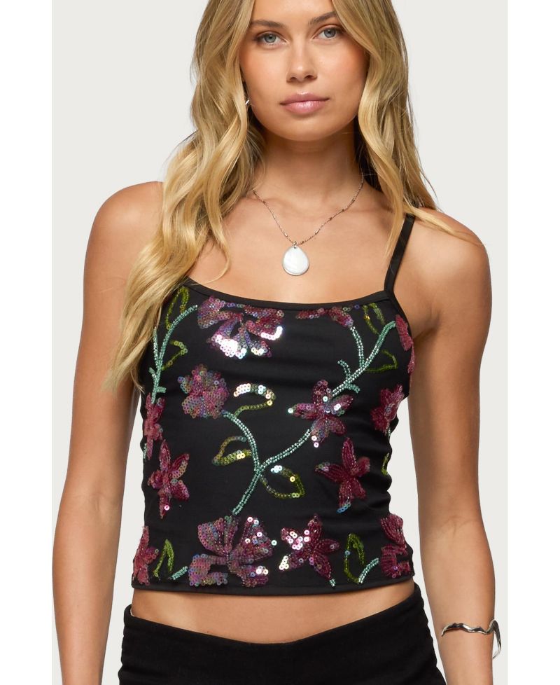 Womens Beaded Floral Embroidered Tank Top