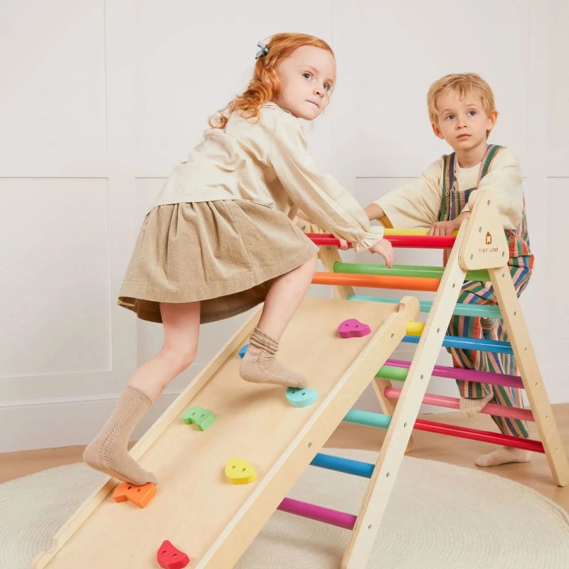 Pikler Triangle Set, 7-in-1 Wooden Montessori Climbing Toy Set, Toddler Indoor Playground Jungle Gym - Rainbow