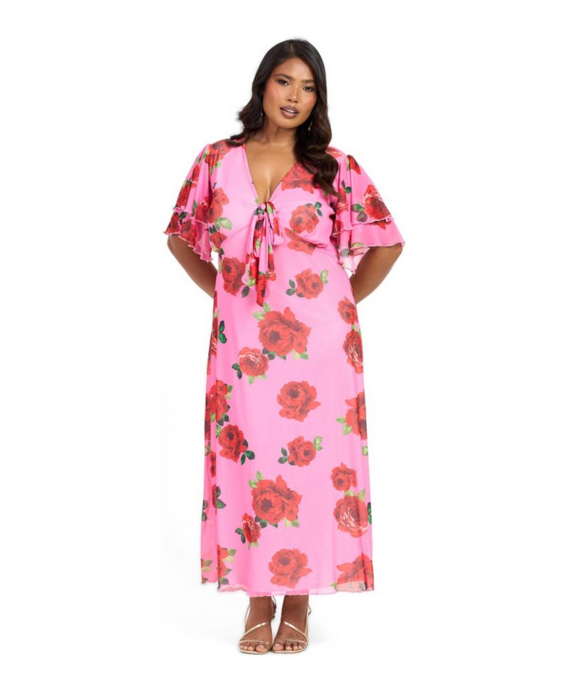 Women's Flutter Sleeve Tie Front Midi Dress
