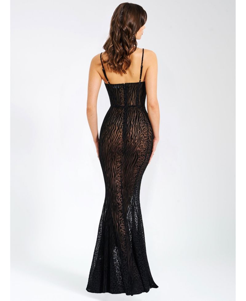 Women's Ulani Black Burnout Velvet Detail Mesh Maxi Dress