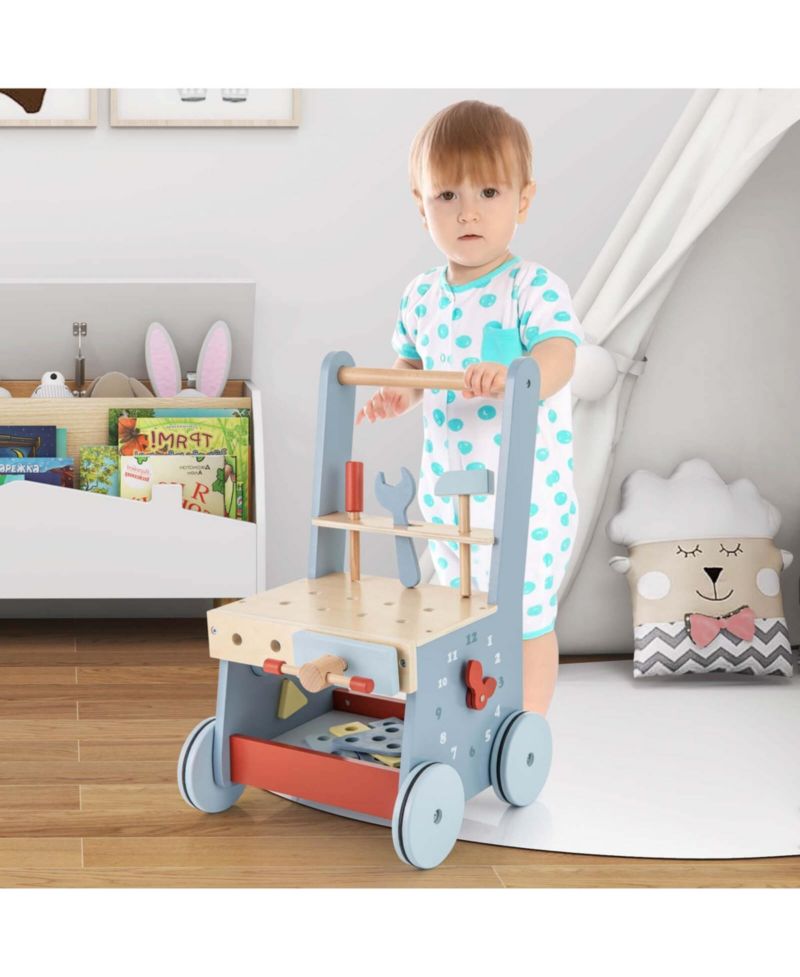 2-in-1 Wooden Baby Push Walker with Multi-Activity Center Bottom