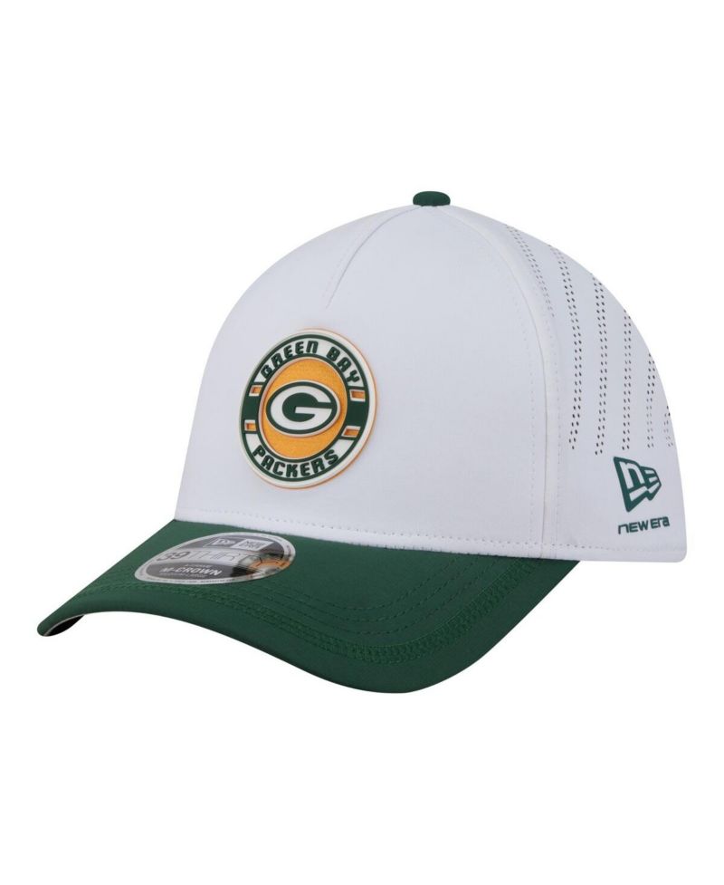 Men's White/Green Bay Packers Patch 39THIRTY A-Frame M-Crown Perforated Flex Hat