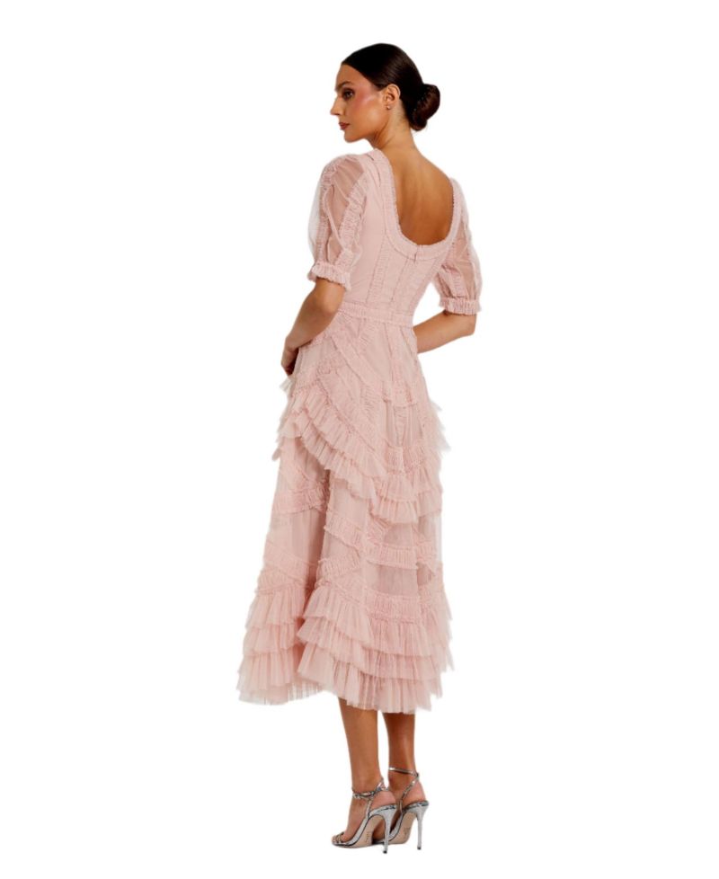 Women's Short Sleeve Mesh Mirco Ruffle Midi Dress