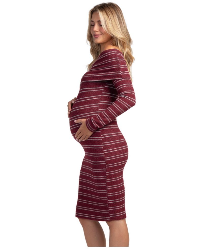 Maternity Off-the-Shoulder Bodycon Striped Sweater Dress