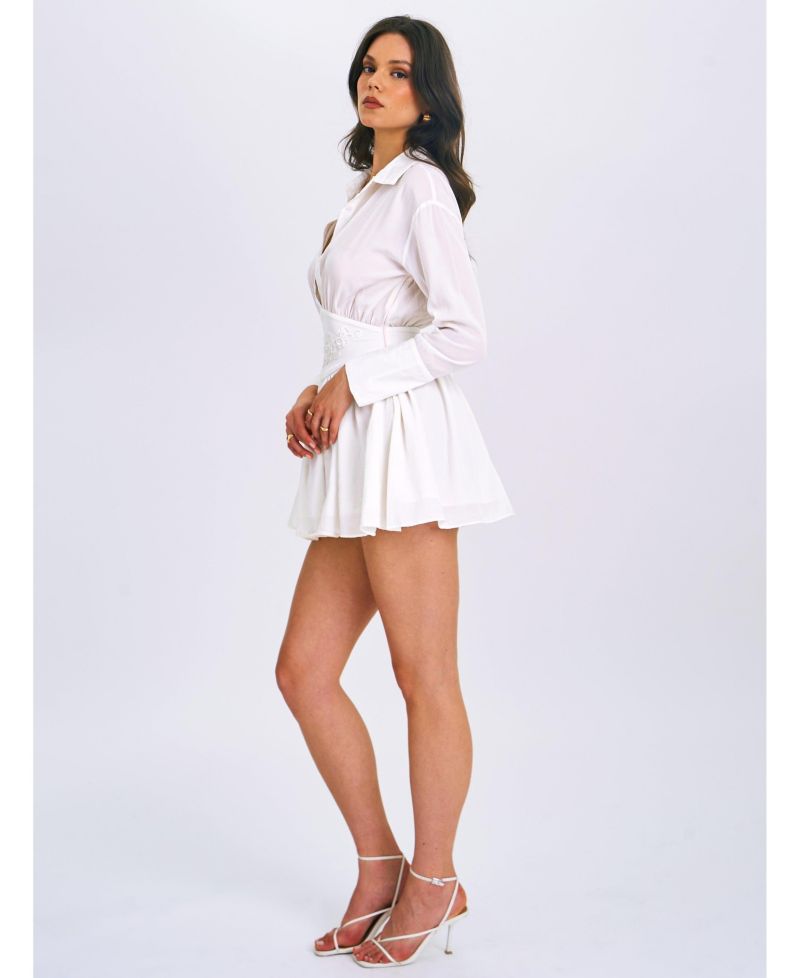 Women's Jamila White Shirt Mini Dress with Embroidered Waist Detail