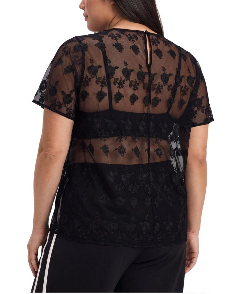 Plus Size Abbey Embroidered Mesh Scoop Neck Blouse
